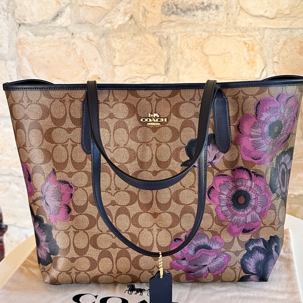 Coach City Tote Kaffe Fassett Floral Signature handbag+wallet brown Purple NWT - Picture 9 of 15